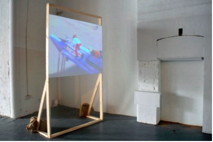 Aideen Doran: Homes for today and tomorrow, installation view, video, timber; image courtesy Catalyst Arts. Aideen Doran: Homes for today and tomorrow, installation view, video, timber; image courtesy Catalyst Arts.