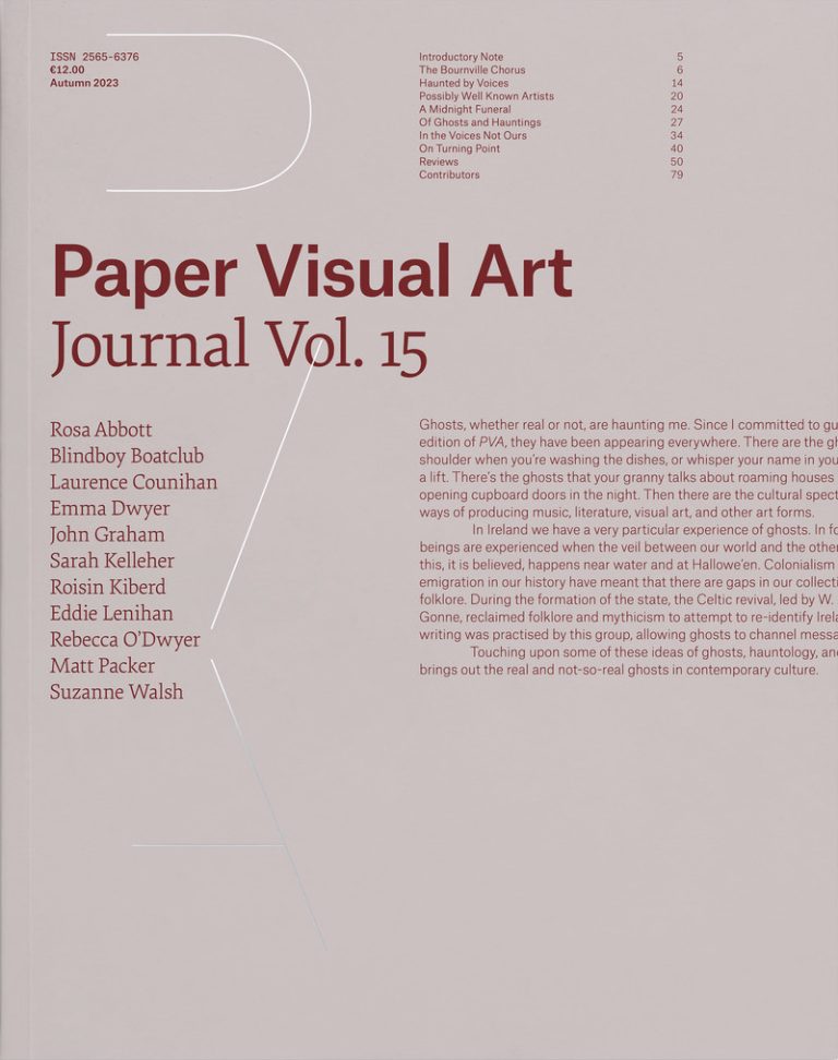 A dusty pink journal with maroon text reading 'Paper Visual Art Journal, Vol.14'. A list of contributors, and the beginning of the introduction also appears in maroon on the cover. There is a silver PVA embossed on the left-hand side of the cover.